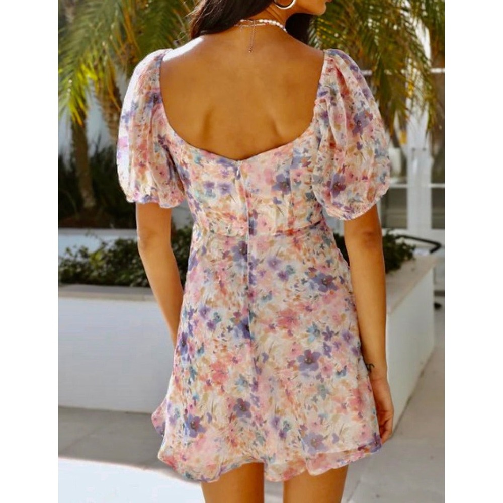 Shopmoda Watercolor Floral Chiffon Puff Sleeve Mini Dress Purple Pink XS - Picture 4 of 11